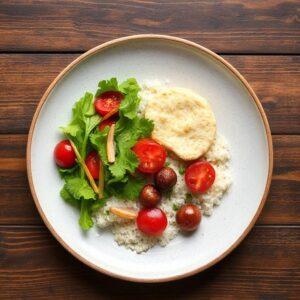 A plate of healthy lunch with salad, tomatoes, and rice, symbolizing a beneficial midday meal.