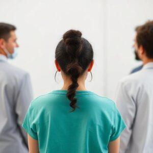 Rear view of a person in a teal shirt facing two medical professionals.