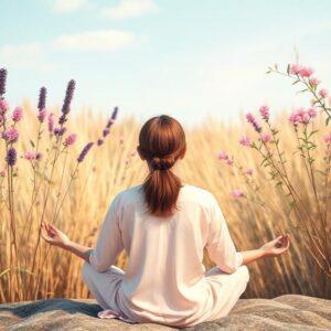 Woman meditating in nature for a peaceful life and improved mental health