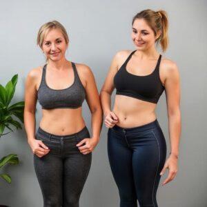 Two women in sports bras and leggings, possibly showing before and after weight gain results.