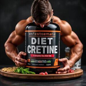 A muscular man is holding a large tub of creatine supplement.