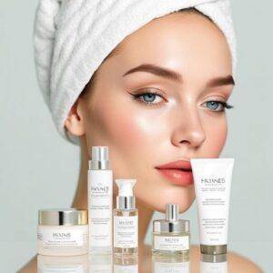 A woman with a towel on her head is pictured next to a set of skincare products