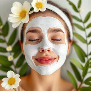 Woman with a white facial mask surrounded by flowers.