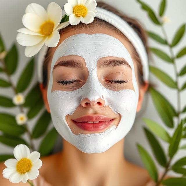 Woman with a white facial mask surrounded by flowers.