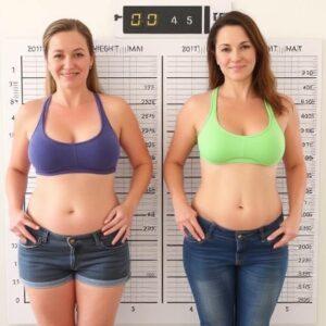 Two women, appearing to show before and after results, stand in front of weight and measurement charts