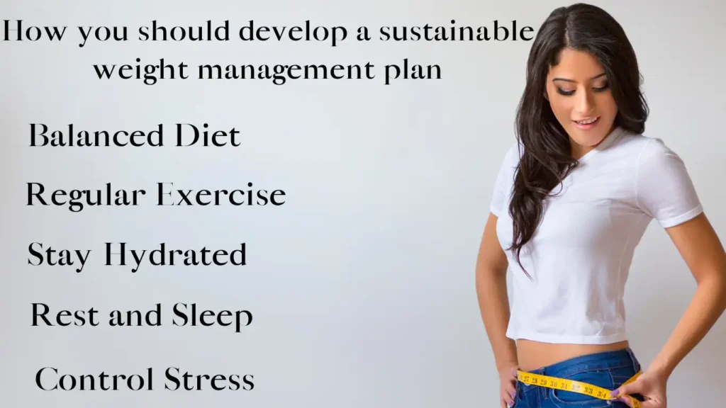 Measuring progress in sustainable weight management: A smiling woman with a measuring tape, next to key elements of a healthy plan.