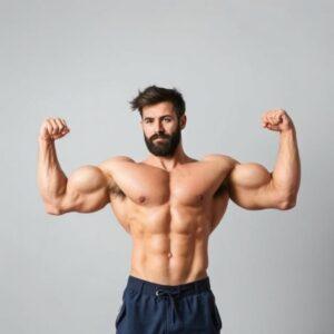 A muscular man, possibly a bodybuilder, is flexing his arms