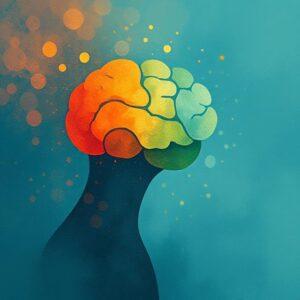 Stylized, colorful brain illustration within a head silhouette, symbolizing mental health