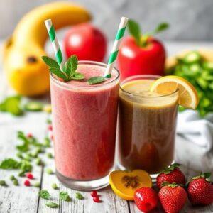 Two colorful smoothies with fruit, illustrating a 7-Day Smoothie Diet Plan for Weight Loss