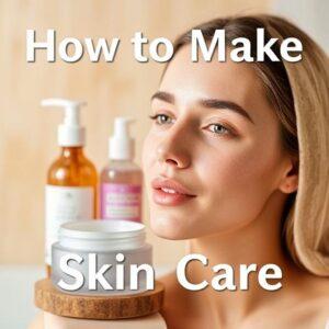 Woman with glowing skin holding a cream jar and skincare bottles, illustrating 'How to Make Skin Care