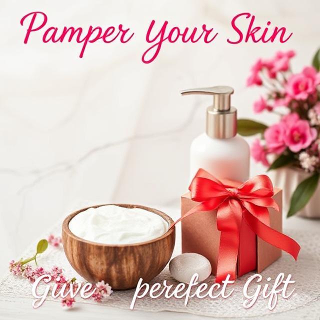 Skincare essentials including lotion, cream, and a gift box for pampering