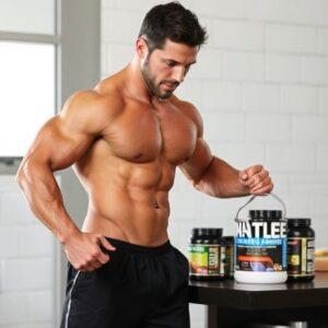Muscular man holding a tub of protein powder