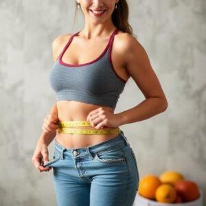 A smiling woman in a sports bra and jeans measures her slimmed waist with a yellow tape measure, showcasing her fitness progress, with fruit visible in the foreground.