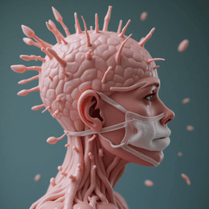 Abstract representation of mental health challenges with a brain-like form and face mask