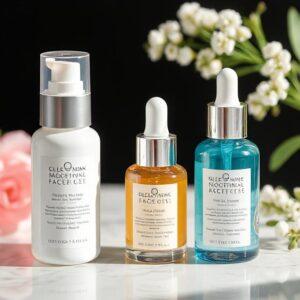 Three different face serums, including vitamin C drops, for diverse skincare needs