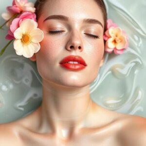 Woman relaxing in a bath with flowers, radiant skin