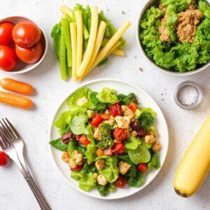 A colorful plate of high-calorie, low-carb salad with leafy greens, cherry tomatoes, grilled chicken, and assorted vegetables, placed on a white table with fresh ingredients around.
