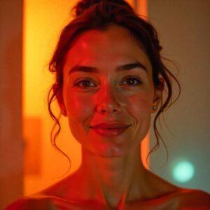 Woman with glowing skin under red light therapy, caring skin, smiling