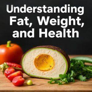 Cross-section of a stylized avocado with an egg yolk center surrounded by fresh vegetables, with text "Understanding Fat, Weight, and Health"