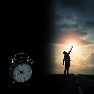 A man raise hand and point to sky in Night with a table clock