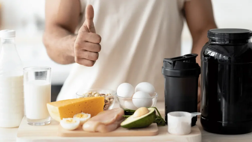 Thumbs up for protein power: A selection of high-protein foods for muscle growth and fitness.