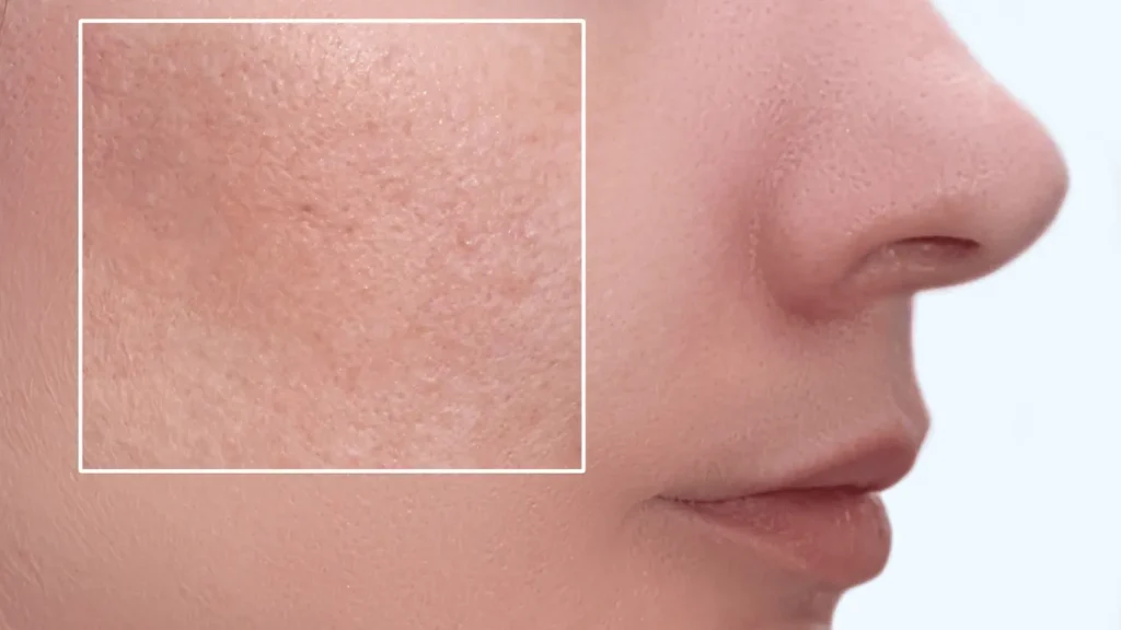 Zoomed-in image of facial skin showcasing visible pores and texture issues around the cheek
