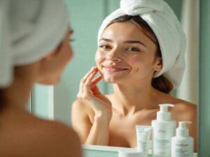 A-Girl-Standing-in-Front-of-Mirror-with-wearing-white-towel