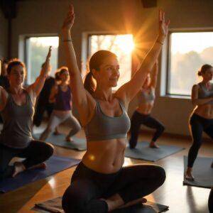 Group of fit US adults doing sunrise yoga indoors — promoting healthy weight loss and fitness in the USA.