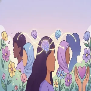 Women’s Mental Health Month illustration showing diverse women connected by mental wellbeing and support