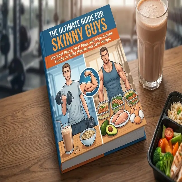 Workout Plan for Skinny Guys book cover showing muscle training, meal prep, and high-calorie foods for weight gain