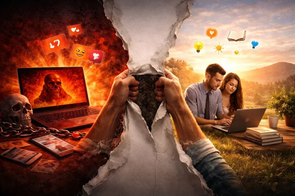 Illustration of shifting from dark online experiences to a safe and uplifting digital lifestyle